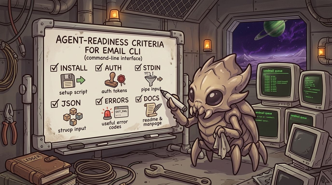 six agent-readiness criteria for an email CLI: install, auth, stdin, json, errors, docs